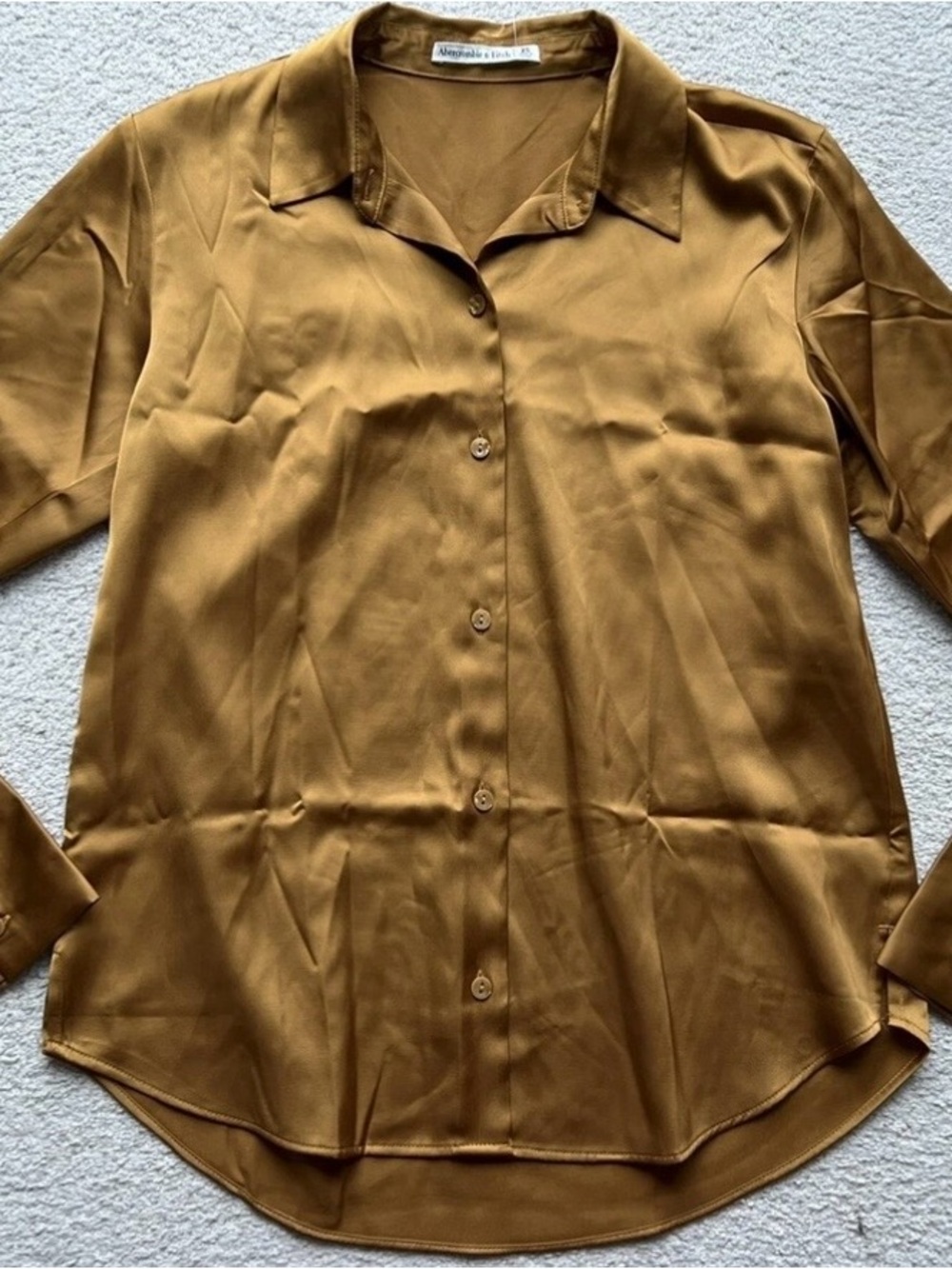 Abercrombie & Fitch Satin Button-Up Blouse in Mustard Brown